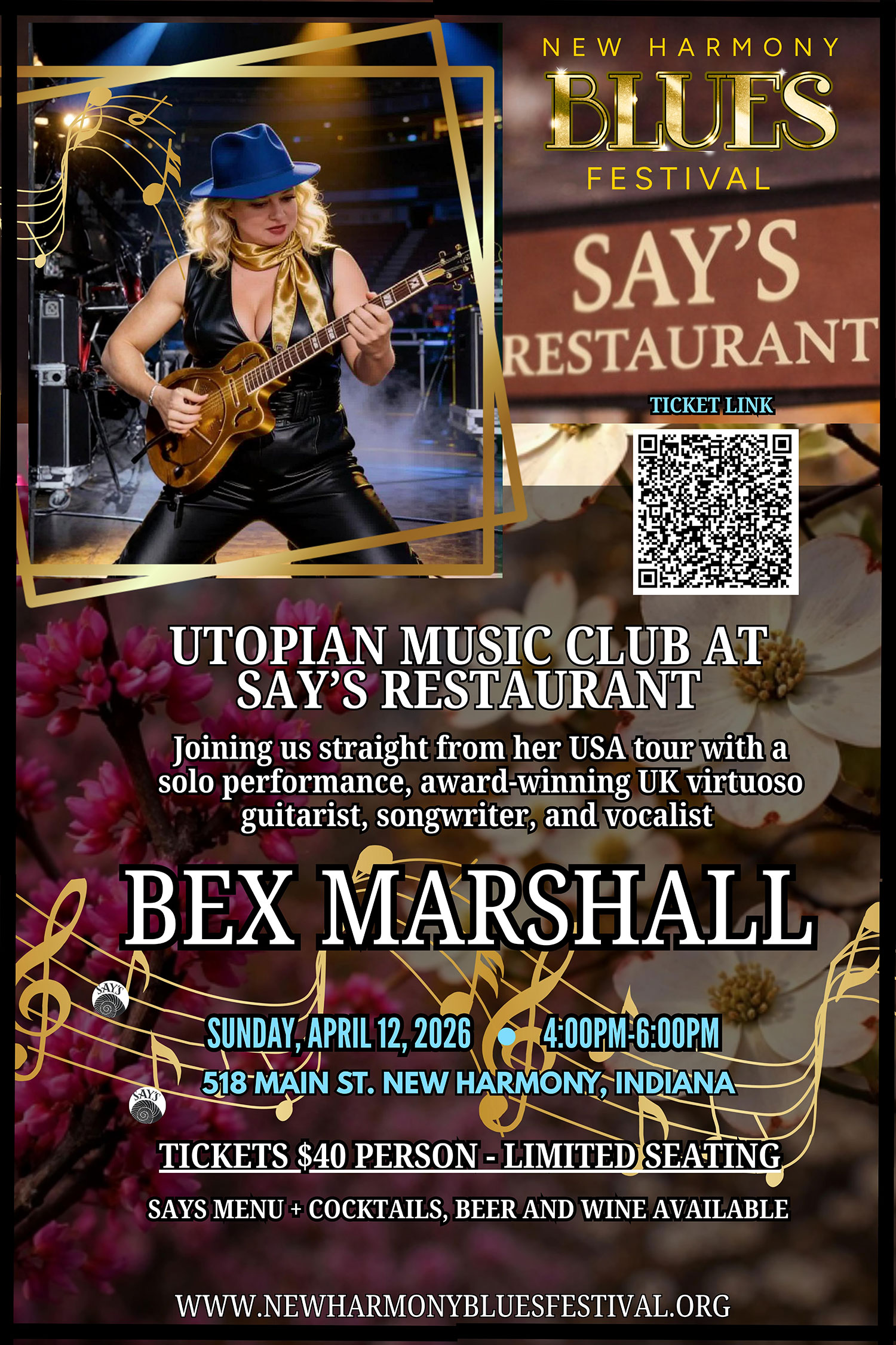 music event poster with a woman in black leaether, blue hat and guitar