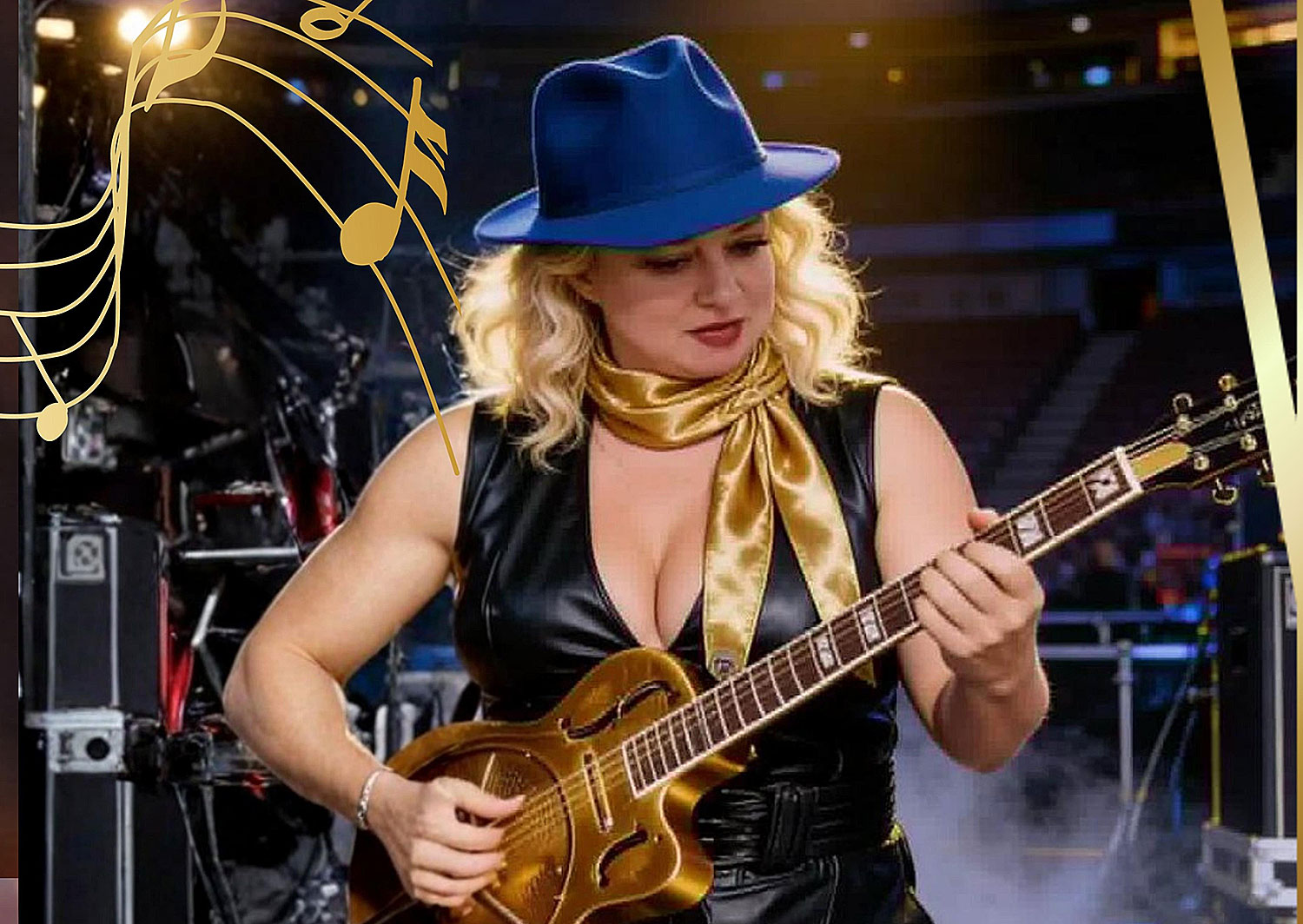Bex-Marshall-at-Say’s woman guitarrist with blue hat and blonde hair