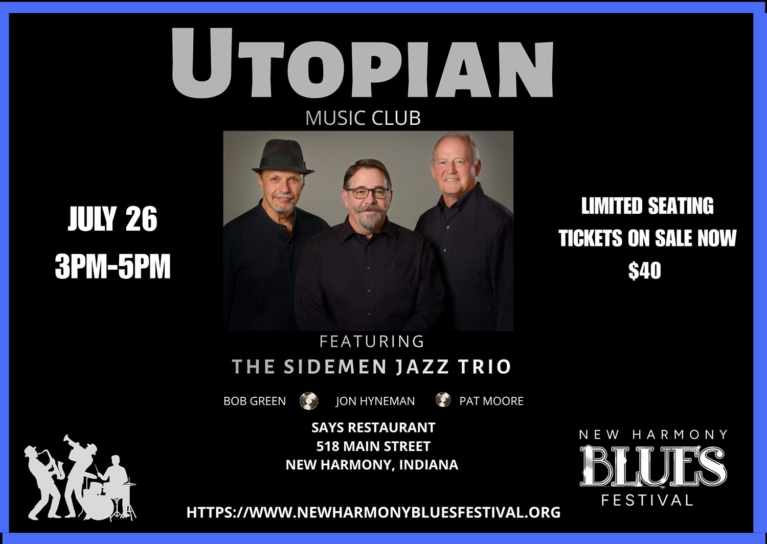 music event poster with a woman in black leaether, blue hat and guitar
