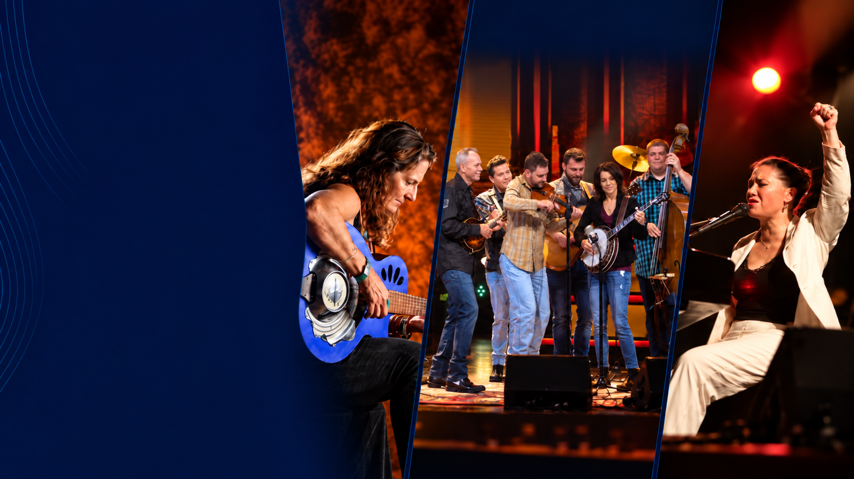 Three festival performance images: a blues guitarist, a bluegrass band, and a pianist.